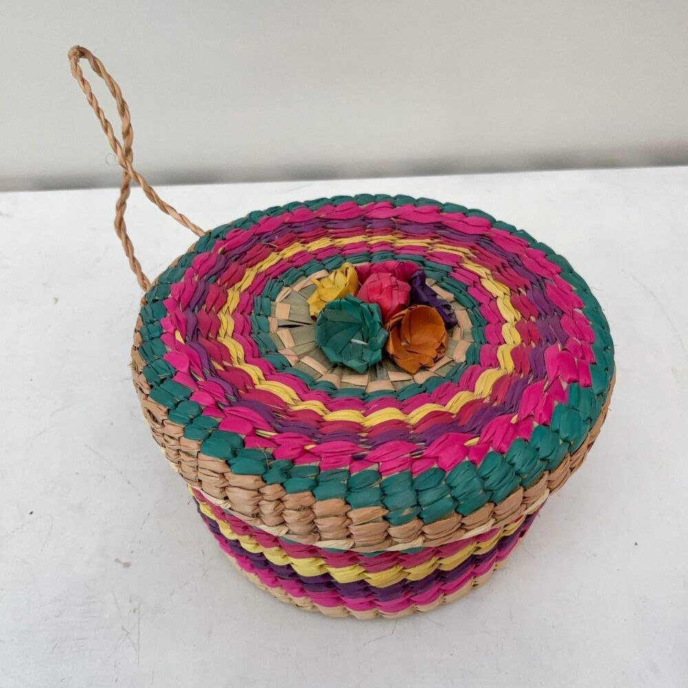 Hand Woven Tortillero Tortilla Warmer Basket Bright Multicolor Boho Floral